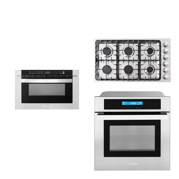 Cosmo 3 Piece Kitchen Appliance Package with 36'' Gas Cooktop , Wall